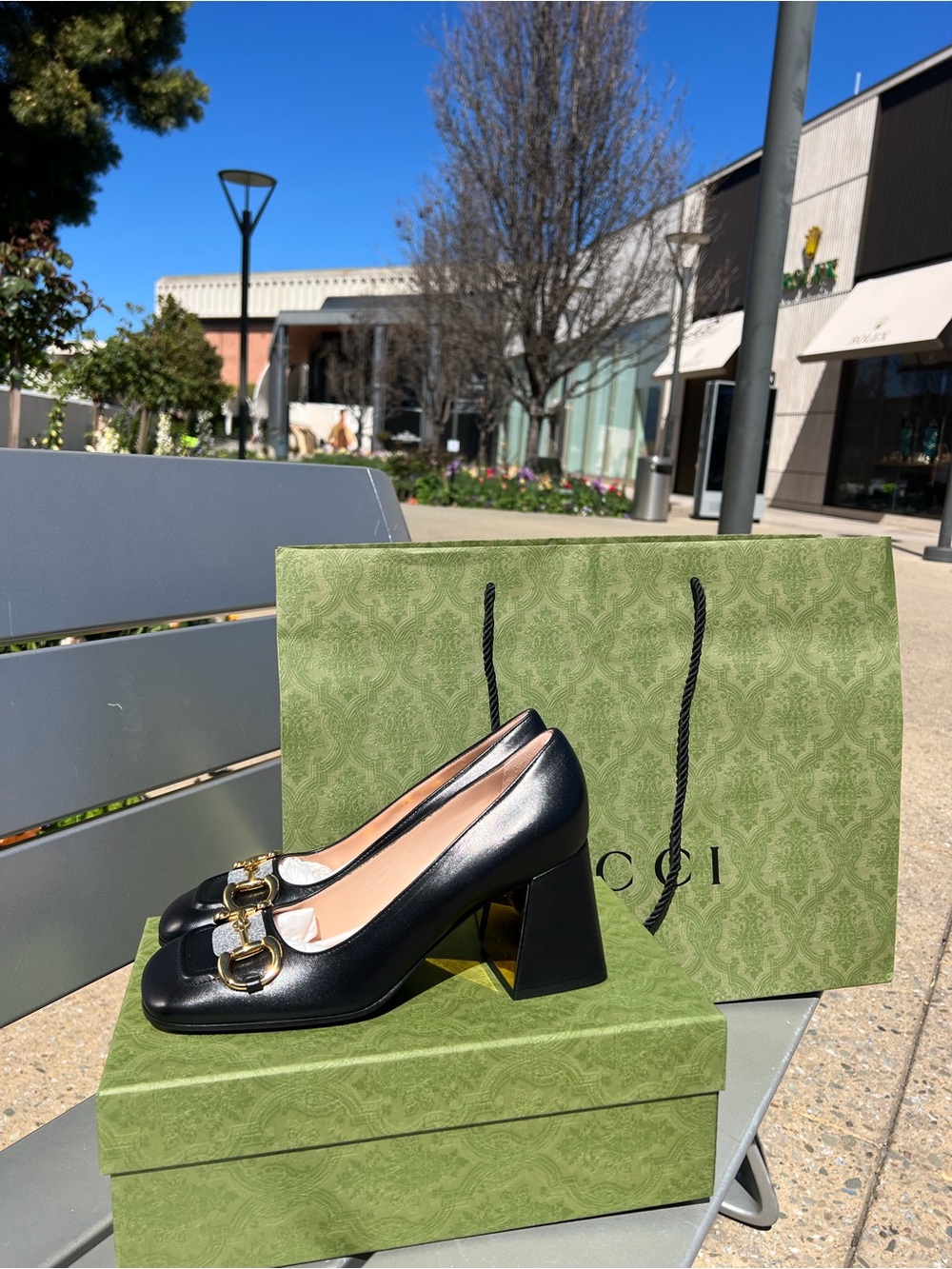 Gucci Black Leather Block Heel Pumps with Gold Hardware
